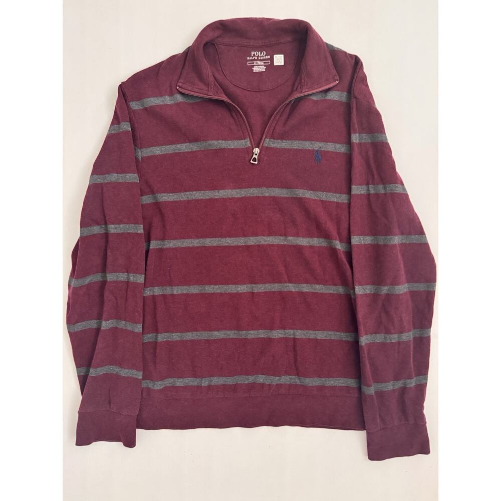 Polo Ralph Lauren Mens 1/4 Zip Sweater Size M Maroon Red Gray Striped